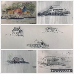 Houses and/or fishing stages  at Pictou, Port Saunders, Cooks Bay, NFL.: Pencil and colored pencil on paper.