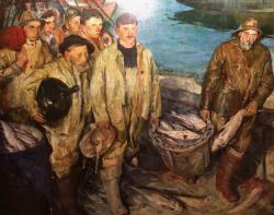 "The crew of the Philomena Manta" by Charles Hawthorne (1872-1930): Founder of the Cape Cod School of Arts in Provincetown. The painting is one of a collection by the artists who first populated the colony and it can be viewed at the Town Hall. 