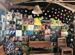 Bistro Lagoonies, in Simpson Bay Lagoon: Worth walking in even just for the vintage record covers wall decor! They have indoor local craft and clothing  vendors on weekends and their menu is excellent, including the veggie burger.  Take heed: people do smoke here. A lot.
