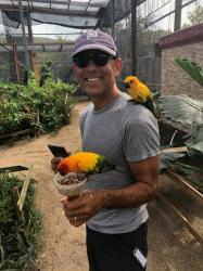 At Parrotville in Sint Maarten: We figured some interaction with these amazing looking parrots, together with an eye-patch and wooden leg would validate the Captain as True Pirate... 😂 These birds come from inside and outside the island, and this outfit does a great job at gathering them, feeding them, raising them...