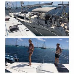 Joker, a monohull, tied alongside Boundless after her mooring broke: and owners Christina and Leif as we muse about the event and wait for the Park Rangers to come detangle the mooring from our anchor line.