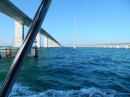 This is the view as we pass under the 7 mile bridge by Marathon in the keys. The bridge on the right is the old bridge that was partly blown up in the movie True Lies with Jamie Curtis and Arnold S.