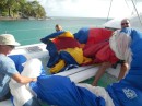 Unsnarling the spinnaker after the St Lucia Round the Island Race 