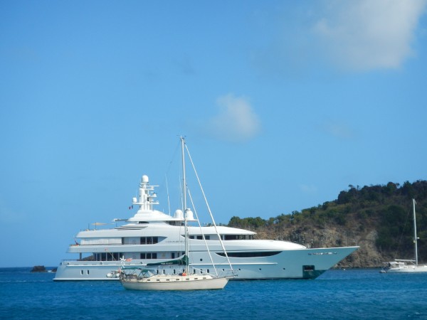 Time Bandit anchored next to megayacht in St Bart