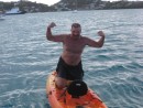 Jim victorius after boarding the kayak from the water..the only one who could!