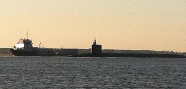 "Boomer" Nuclear Sub going to sea at Cumberland Island.   Lot
