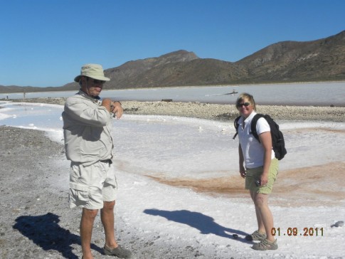 Jim & Becky at the salt flats at Bahai Salinas
