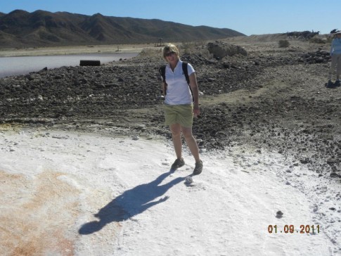 Bahia Salinas - salt mine - Becky standing on salt