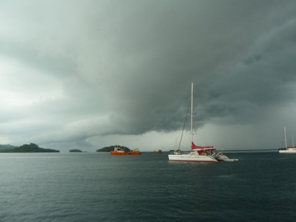 Approaching roll cloud at Isla Linton looking north towards the entrance with the fish farm in the middle