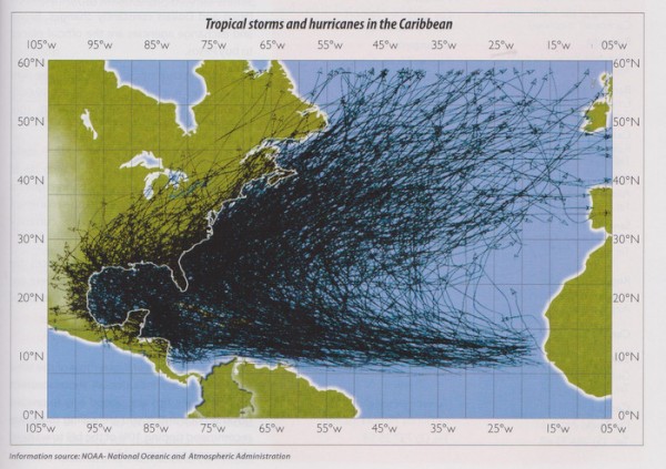 This chart shows the paths of all hurricanes in the Caribbean Sea.  You can see why we opted to take Vanish to Santa Marta, Colombia where we can leave it safely for a few months.