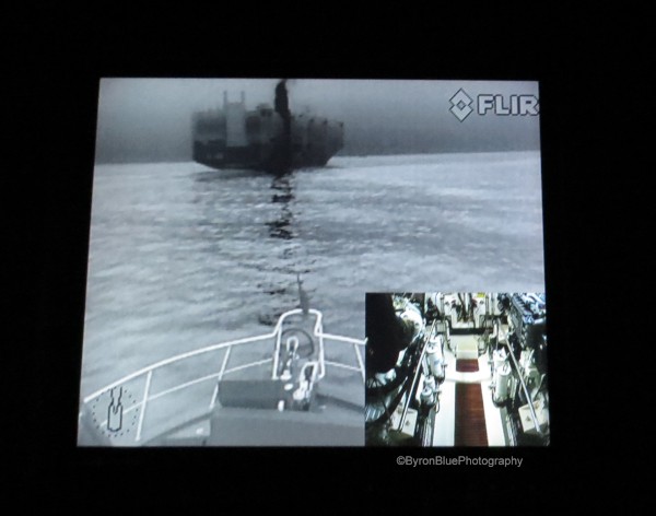 FLIR night camera image of a large ship which passed us in the channel entering Charleston Harbour