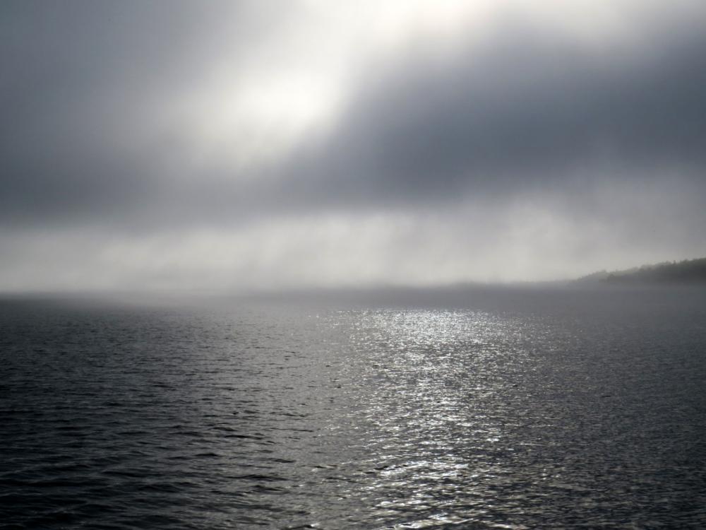 Fog and rain moving into Rockland Harbour, Maine, USA