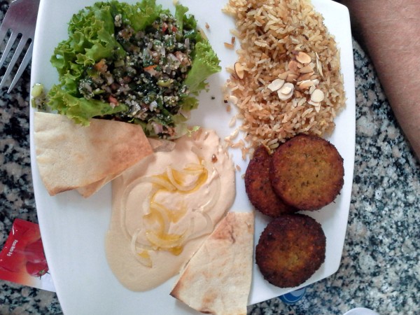 Vegetarian lebanese lunch plate for $US 10, tabouleh, hummus, felafels, rice and almonds and pita bread from Asados at Buena Vista Mall, Santa Marta, Colombia