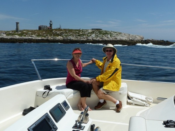 Vicki & Maynard on Vanish at the puffin colony on Matinicus Rock, Maine, USA.  We could hear the mournful foghorn sounding every 15 seconds.