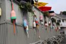 Lobster buoys decorate many restaurants in Boothbay, Maine, USA