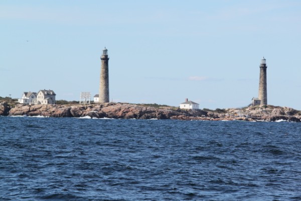 The twin lights on Thacher Island, 1.5 miles off the coast of Rockport, Massachusetts.  Capt Anthony Thacher