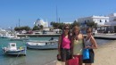 Linda, Victoria and Emily awaiting ferry on Antiparos