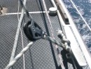 The pulley arrangement used to pull down on the shroud and stop the mast from wobbling