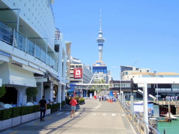 The Auckland Sky Tower - the tallest structurfe in New Zealand - is a dominant feature of the city skyline, seen here from the waterfront.