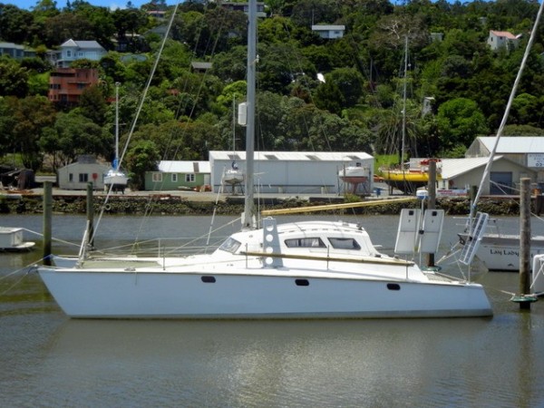 The catamaran "Cheshire" at her pile mooring in Whangarei Marina. Some of you may recall that Cheshire was the boat Dave and Suzanne Ames (from Olympia) sailed across the Atlantic, through the Panama Canal and then across the Pacific to New Zealand. Dave recently moved back to Whangarei from Wellington, and was living aboard Cheshire when we left Whangarei in May 2013.