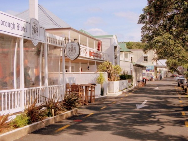 Shops, hotels and restaurants along the waterfront in Russell.