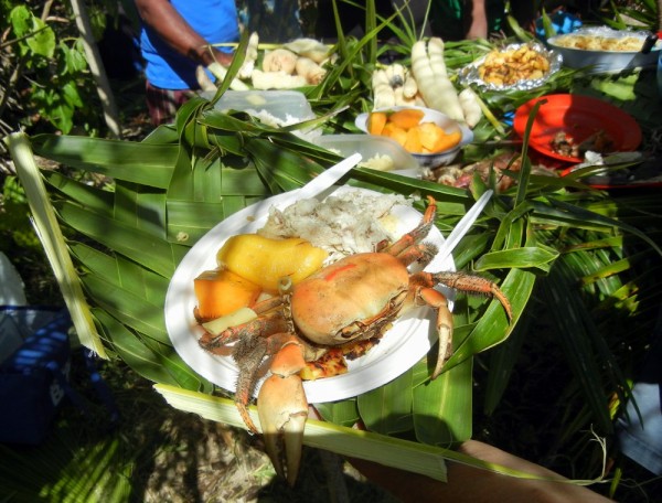 A tempting plate of fresh cooked crab, box fish, paw paw (papaya) and bundi - a banana-like fruit. Delicious!