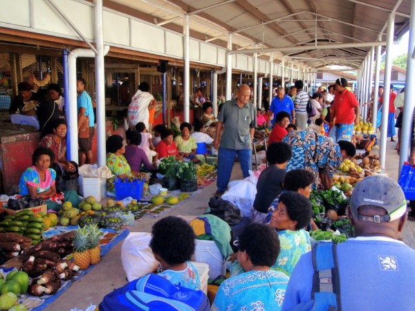 Busy stalls on the outside of the market, but still under cover- it does rain in Fiji!