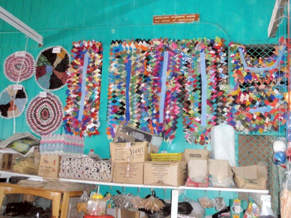 Some of the handicrafts available in the Labasa market; we bought one of these round hooked rugs, made from very brightly colored cloth strips.
