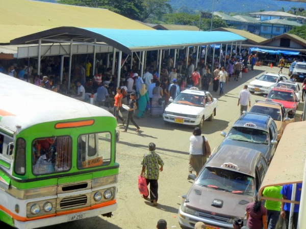 Buses and taxis outside the Labasa market.