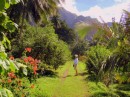 Linda stops to admire the local plants on a hike near the village of Hakaui, Nuku Hiva (near Daniel