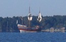 A very far off picture of Elizabeth I being towed up Albemarle Sound