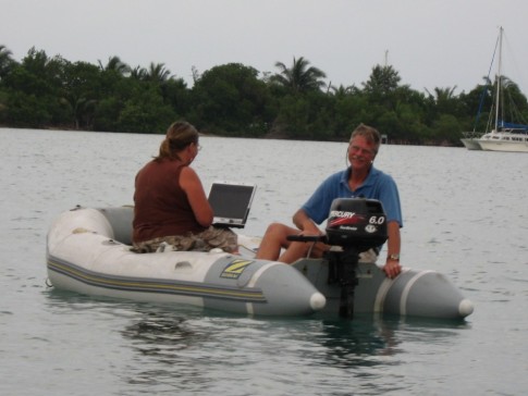 Bruce and Nancy find n internet signal in Placencia.