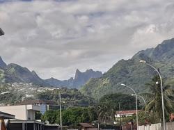 The background volcanic spires is where we hiked to the waterfall and had dinner overlooking Papeete and Moorea