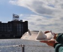 We are in sight of the Domino Sugar factory... apropos of Anna building a Domino sugar cube pyramid for a school art project.