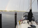 A rainbow over the Pasquotank after a storm. We enjoyed watching several small sail boats, obviously a sailing school, tacking and jibing on the river just beyond the docks. The storm held off until they were safely docked.