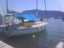 Moored at Vliho, with our new sun canopy.