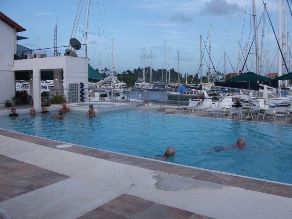 Swimming pool at Shelter Bay Marina.  I slipped on a tile and the consequence is a blue toe or two, swolen foot and difficulty to walk.  I sailed over 6000 miles without injury and 2 days on land and see what happens.  We also met very nice fellow yachties on 68 feet boat (our boat is half that size)