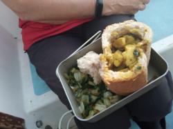 Bunny chow: Johan, the excellent cook/chef makes very flavoursome fish curry served as bunny chow rounded off with Francina’s attempt of a Bok Choy side dish. 