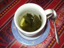 This is the mate de coca or coca tea that they serve to ward off altitude sickness.  Neither Shawn or I could detect any sort of buzz from drinking this stuff or using the leaves.  It requires a significant concentration of the coca alkaloids, by extraction with organic solvents, to get a product with the kick of refined cocaine.