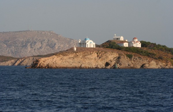 Three churches on point of Oinoussa a small island off Khios, there are lots of churches in Greece