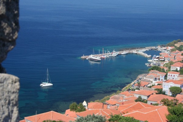 View from Castle of Molivos and Ta-b at anchor on the left