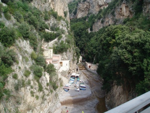 Amalfi coast village in gorge, from bridge while driving.  