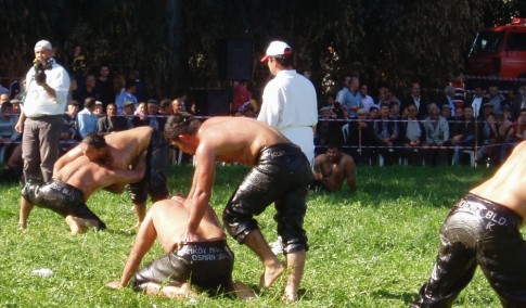 Oil wrestling, check out the hands down the trousers .... that are made of buffalo skin and weigh 26 lbs each.  The name of the town can be seen on the backside!