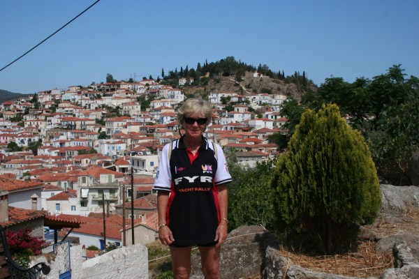 A walk to the top of Poros, with me in my FYR T-shirt