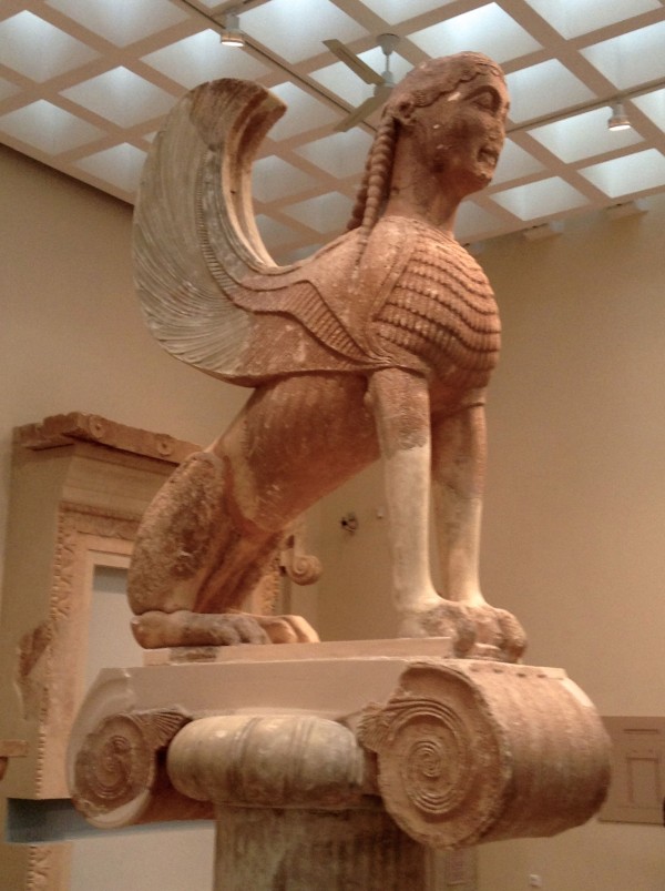 Beautiful lion, bird, man statue in Delphi museum