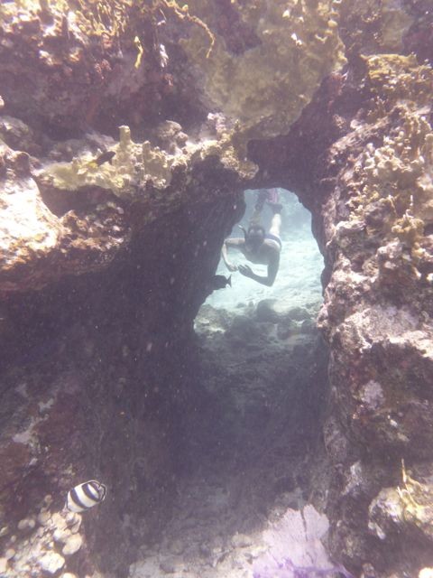 Russell swimming through tunnel at the Indians off Norman Island
