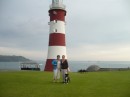 Abi and Sade in front of Seatons tower in Plymouth