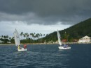 Looked like a big storm was coming so they began sailing back towards Gromit. The storm however passed over the north-west end of Huahine, so there was no 