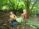 Sikki cut down banana tree leaves, which the boys carefully carried back to the beach. The leaves were splitting, so he had to cut more. They needed to be carried with extra care to not split, because they were to wrap food that was to be put in the fire pit.