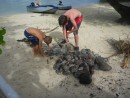 The first step in making Tahitian coconut bread is preparing the fire. Liam and Skye removed the rocks from the pit.